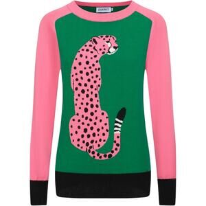 OXKnit NWT Women's Knitted Long Sleeve Tiger Mod Retro Pink Green sweater top L